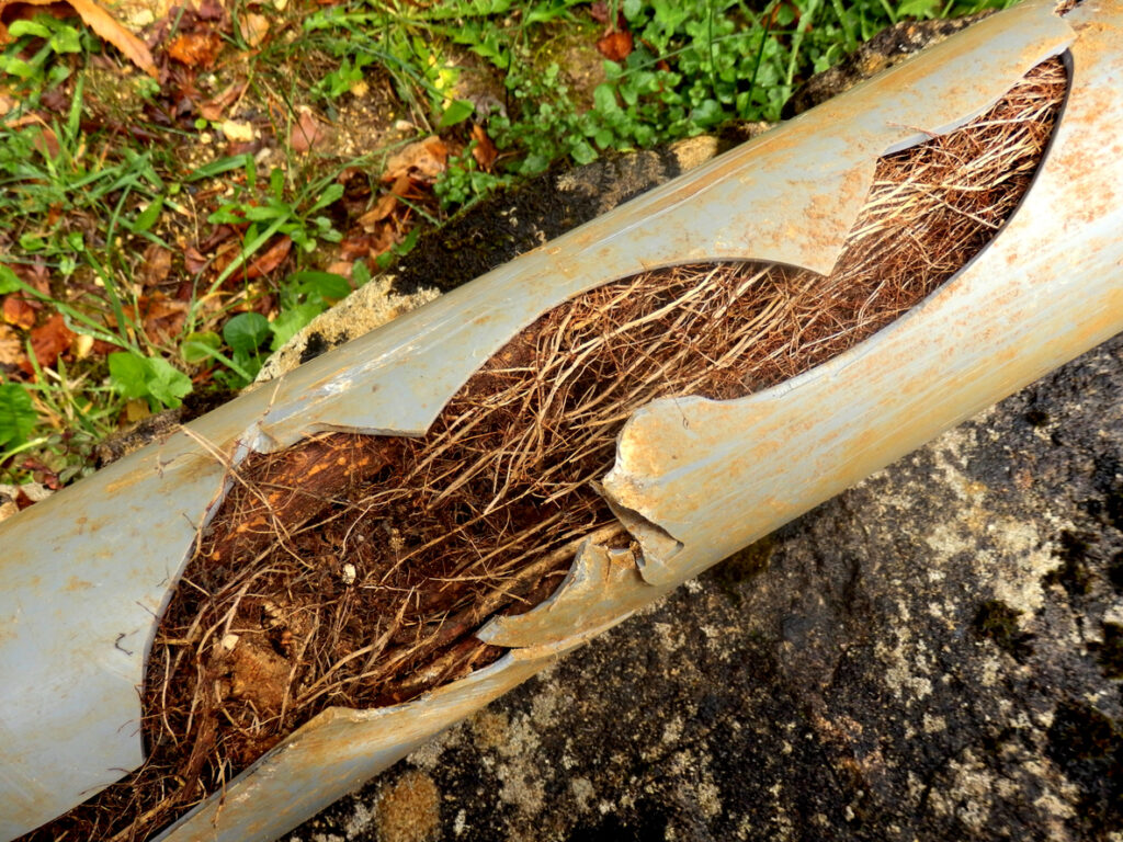 Split drainage pipe caused by infiltration of tree roots